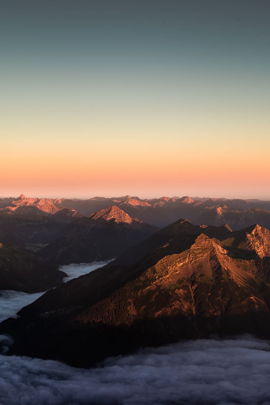 sky, mountain, valley, summit, clouds, sunset, sunrise, nature HD wallpaper
