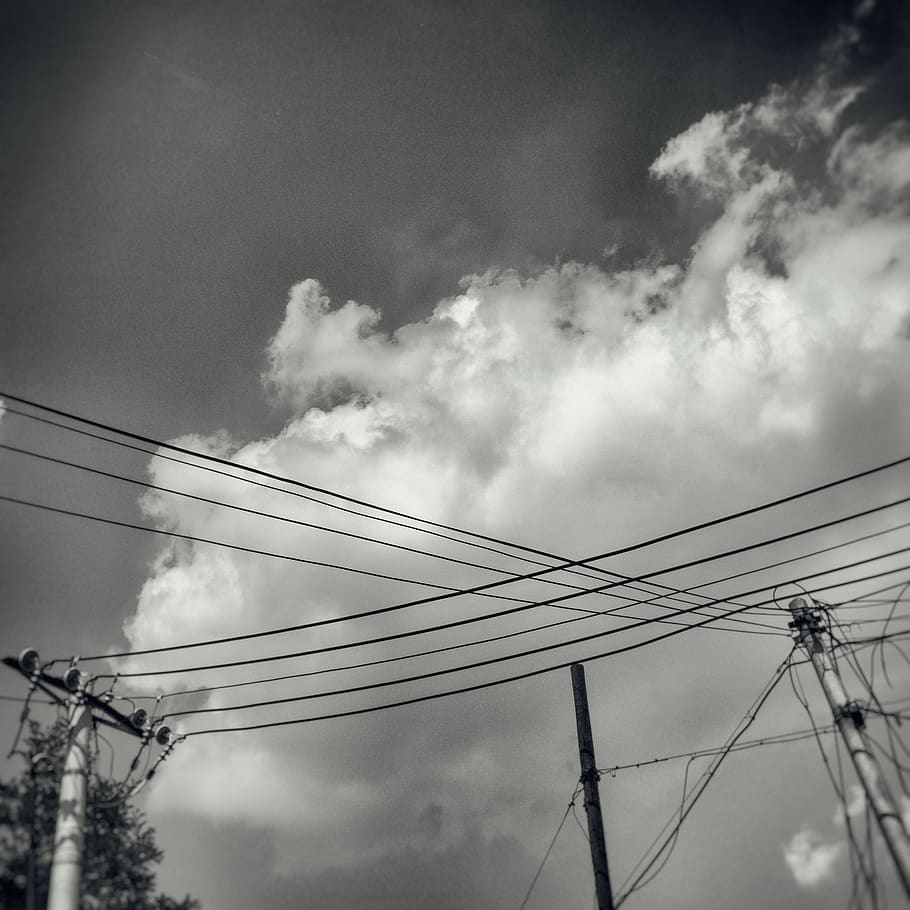 sky, clouds, blackandwhite, cloud - sky, cable, electricity HD wallpaper