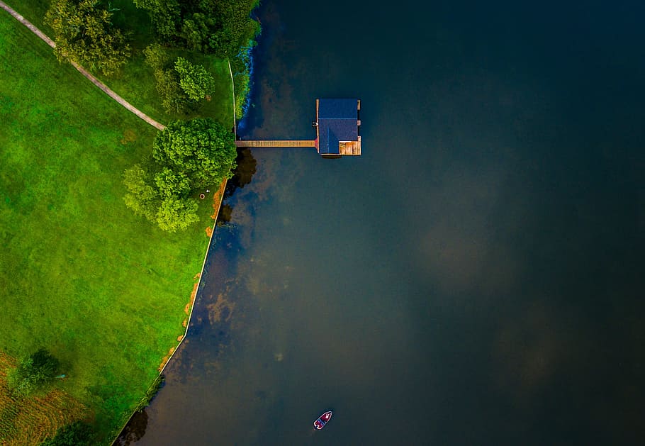 aerial, view, green, grass, trees, blue, lake, water, boat HD wallpaper
