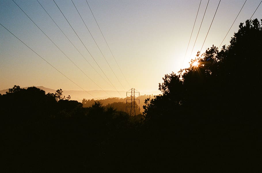 silhouette of trees, cable, power lines, electric transmission tower