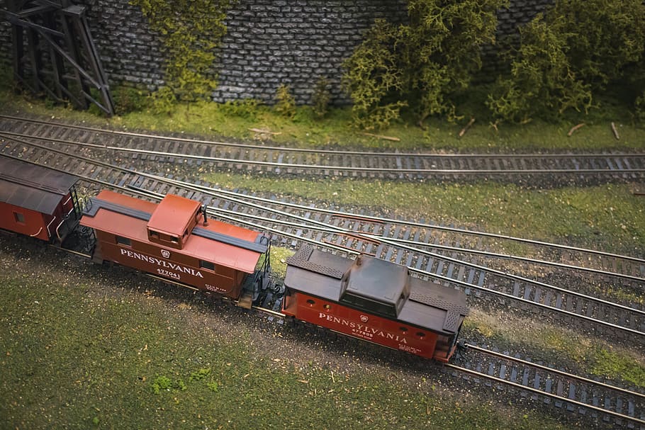Red and Black Train, daylight, engine, grass, locomotive, railroad HD wallpaper