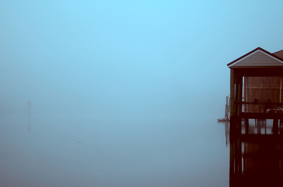 fog, river, dock, architecture, built structure, building exterior HD wallpaper