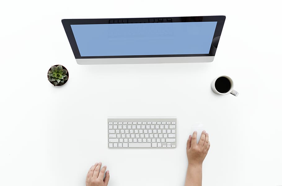 business, coffee cup, computer, data, desk, desktop, flatlay HD wallpaper