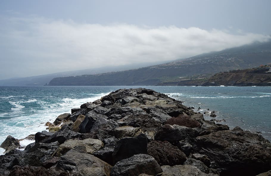 puerto de la cruz, spain, rock, stone, vague, sky, cloud, sea, HD wallpaper