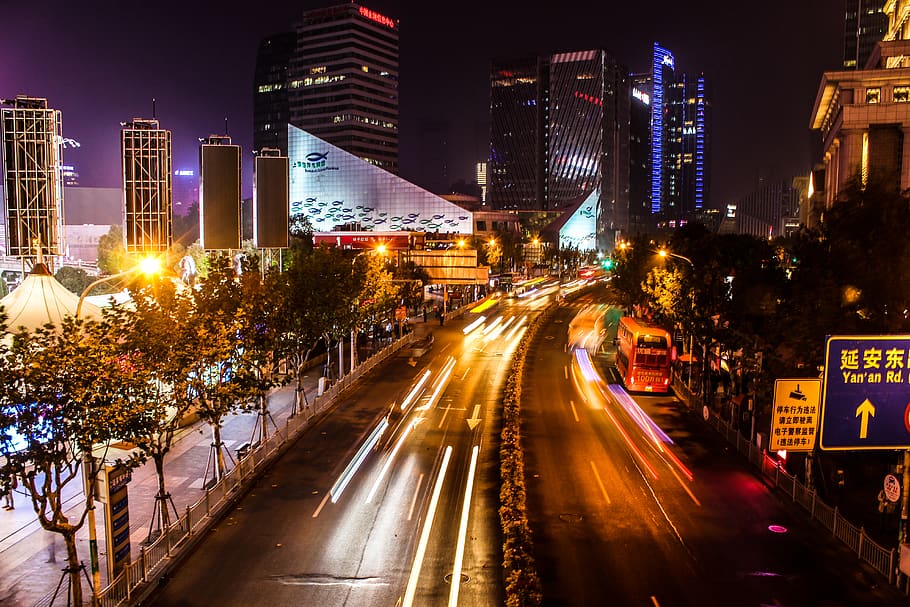 busy, pudong, view, street, big city, light, night, exposure