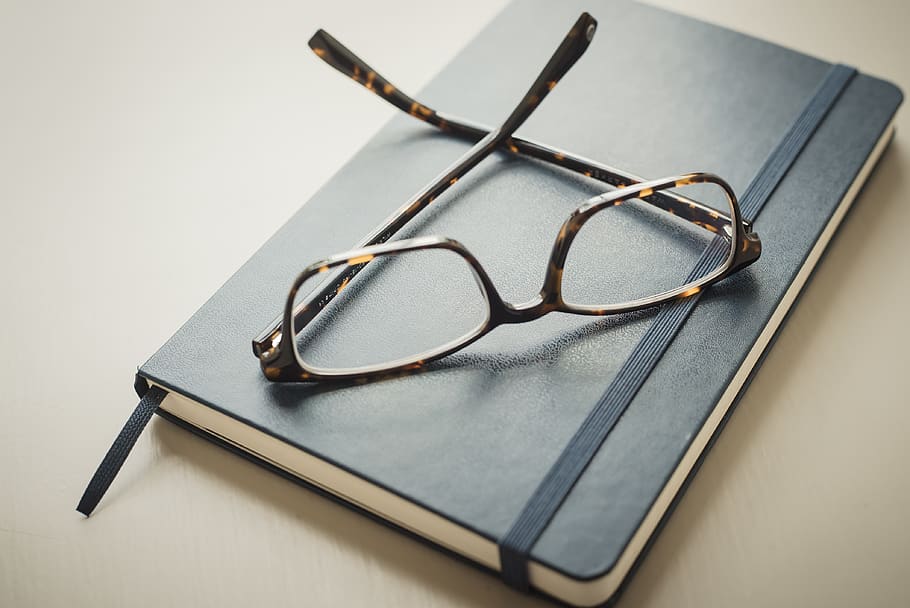 notebook, work, eye glasses, desk, still life, indoors, eyeglasses HD wallpaper
