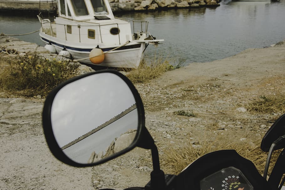 greece, malia, driver, harbor, boat, mirror, crete, coast, water, HD wallpaper