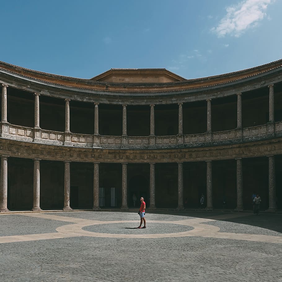 Man Walking in the Middle of Gray Palace, architecture, building HD wallpaper