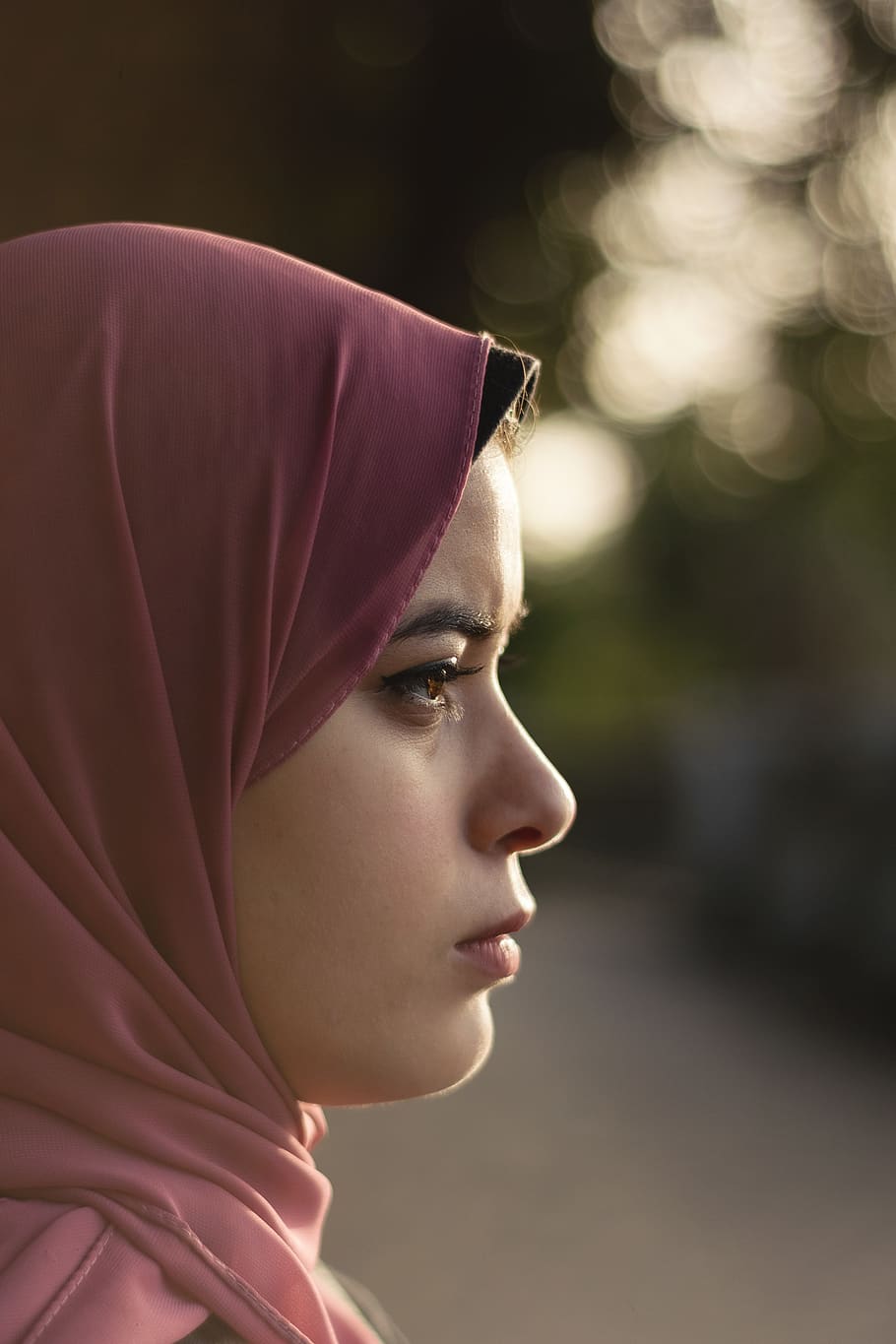 woman wearing pink hijab, clothing, apparel, veil, person, human