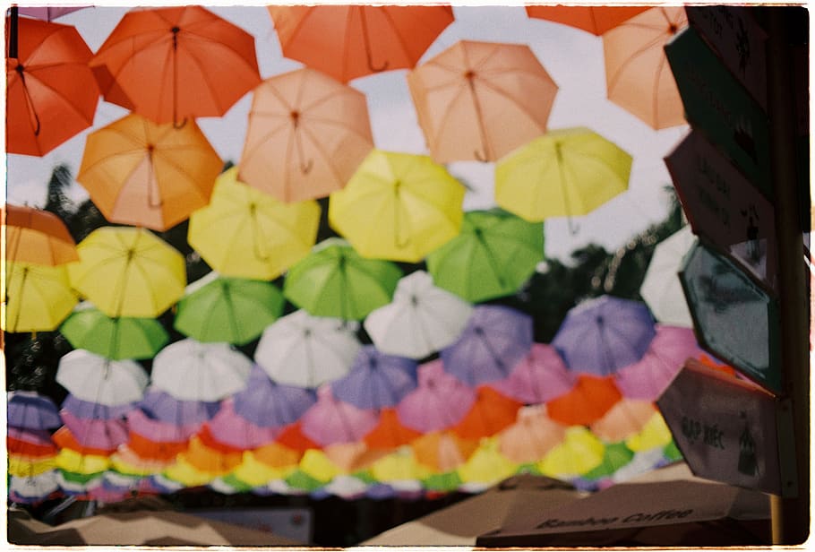 multicolored umbrella decor, canopy, inflatable, outdoors, rural HD wallpaper