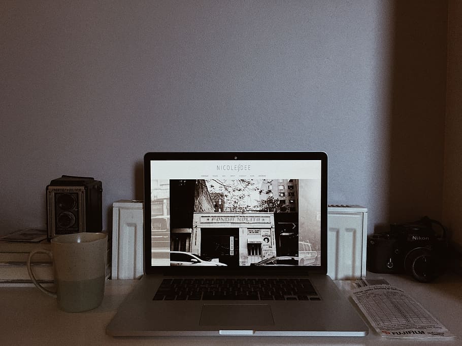 Photo of Laptop Near Camera, analog camera, contemporary, cup HD wallpaper