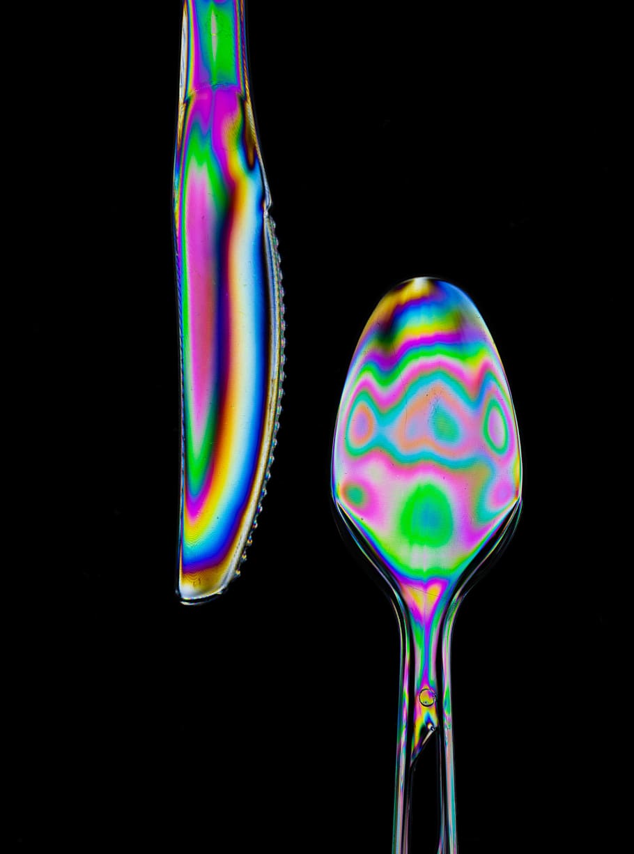 two iridescent spoon and dinner knife, multi colored, studio shot HD wallpaper