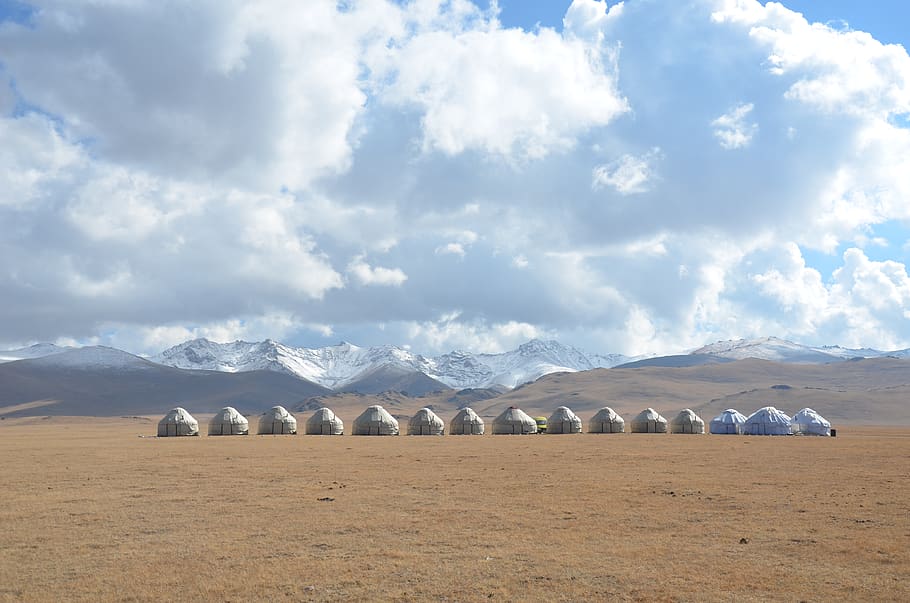 kyrgyzstan, yurt, cloud - sky, tranquil scene, environment HD wallpaper