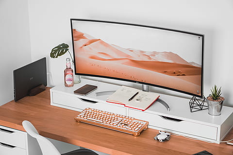 curved monitor, setup, desk, workspace, computer, screen, desktop HD wallpaper