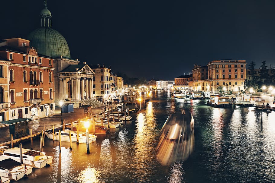 venice, italy, boat, river, night, bridge, illumination, street