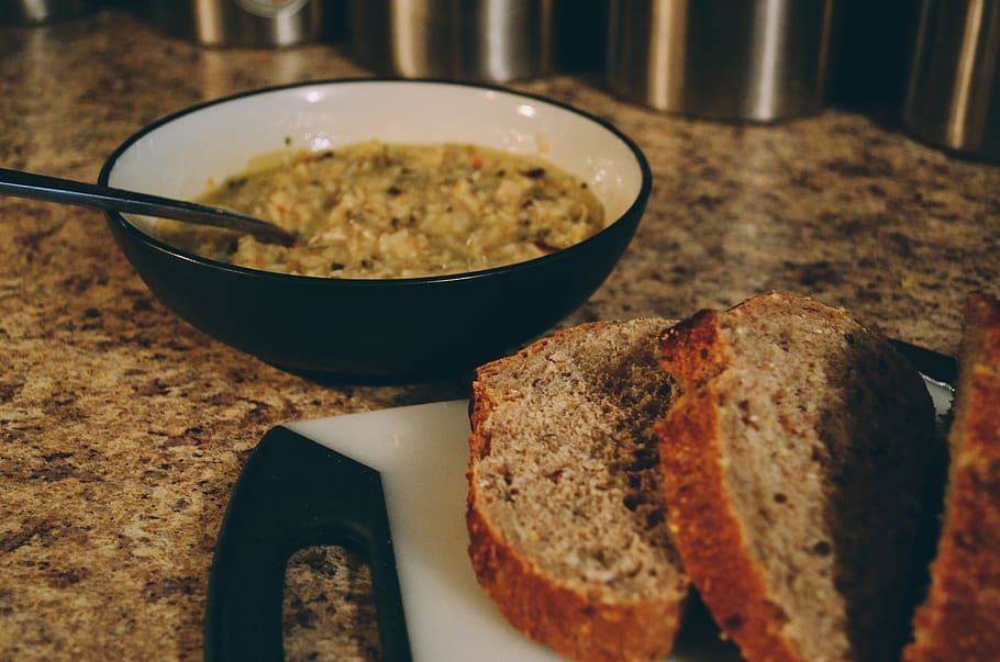 bread, soup, meal, warm, winter, cozy, food, counter, household HD wallpaper