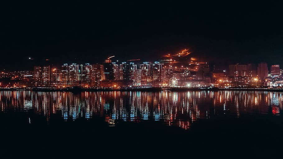 iran, tehran, chitgar lake, water, reflectation, city, night