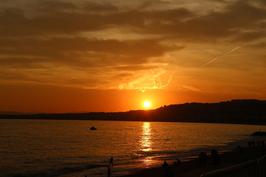 sun, sunset, beach, sky, boat, evening, calm, water, scenics - nature HD wallpaper