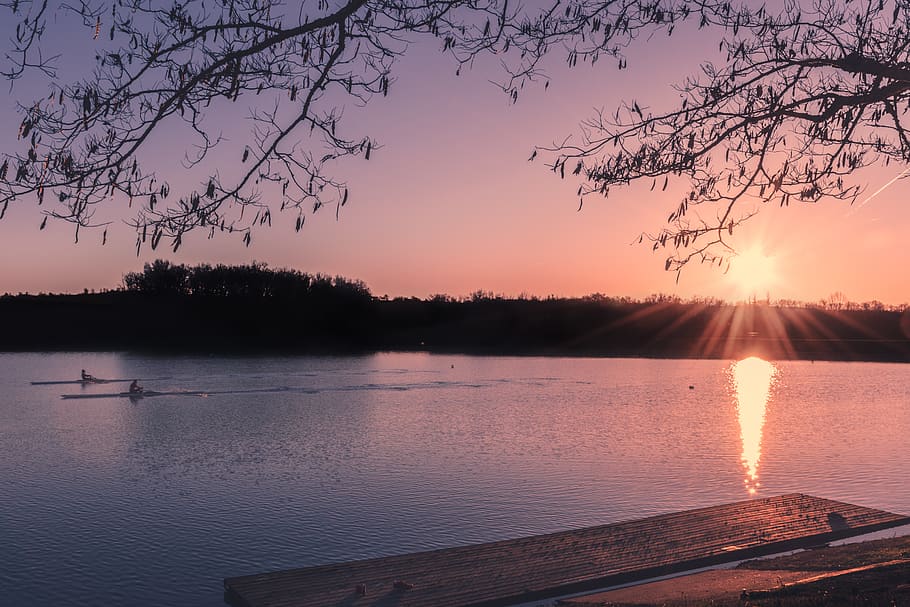 rowing, lake, sunset, flare, pastel, water, sky, beauty in nature, HD wallpaper