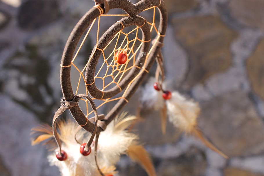 dream, catcher, brown, stone, beads, indian, feathers, woven HD wallpaper