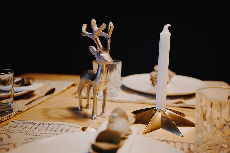 white candle stick on table, wood, furniture, antelope, animal HD wallpaper