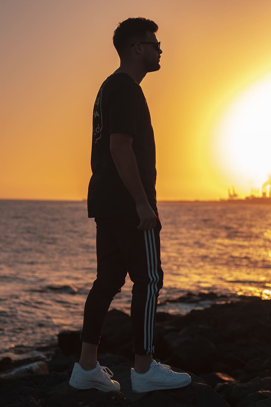sunset, sea, silhouette, sky, water, orange color, one person HD wallpaper