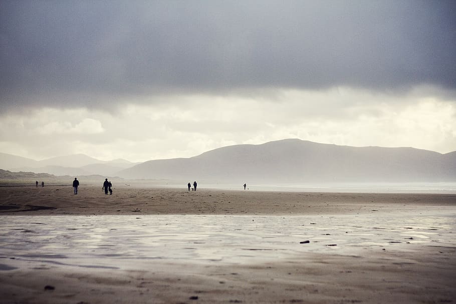 grey, sky, clouds, mountains, hills, beach, sand, water, people HD wallpaper