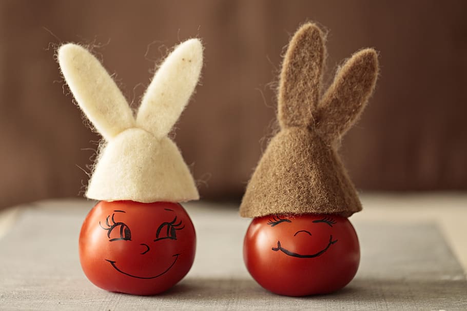 tomato, ears, cap, bunny, easter, couple, cheerful, face, vegetable HD wallpaper