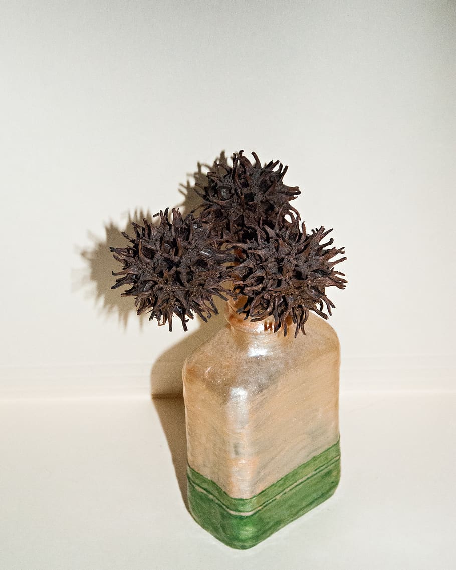 vase, hand-painted, sweetgum, brown, green, indoors, studio shot