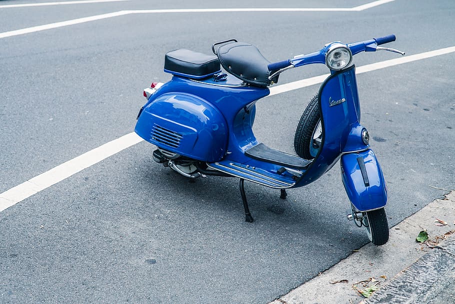 Parked Blue Motor Scooter, asphalt, close-up, daylight, design HD wallpaper