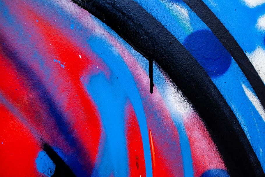 blue, red, and black paint, graffiti, art, tarmac, asphalt, modern art