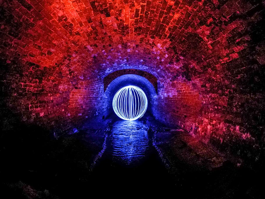 lighted ball inside tunnel, hole, lighting, sewer, purple, pattern