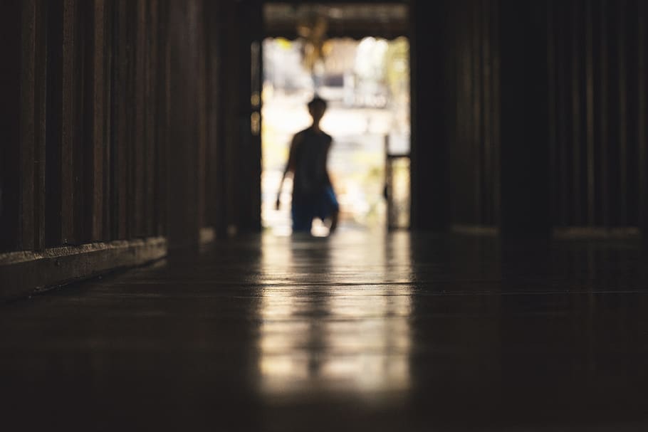 person, silhouette, door, reflection, light, shadows, wood HD wallpaper