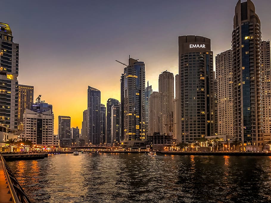 dubai, cove, water, architecture, port, sky, skyline, ship, HD wallpaper