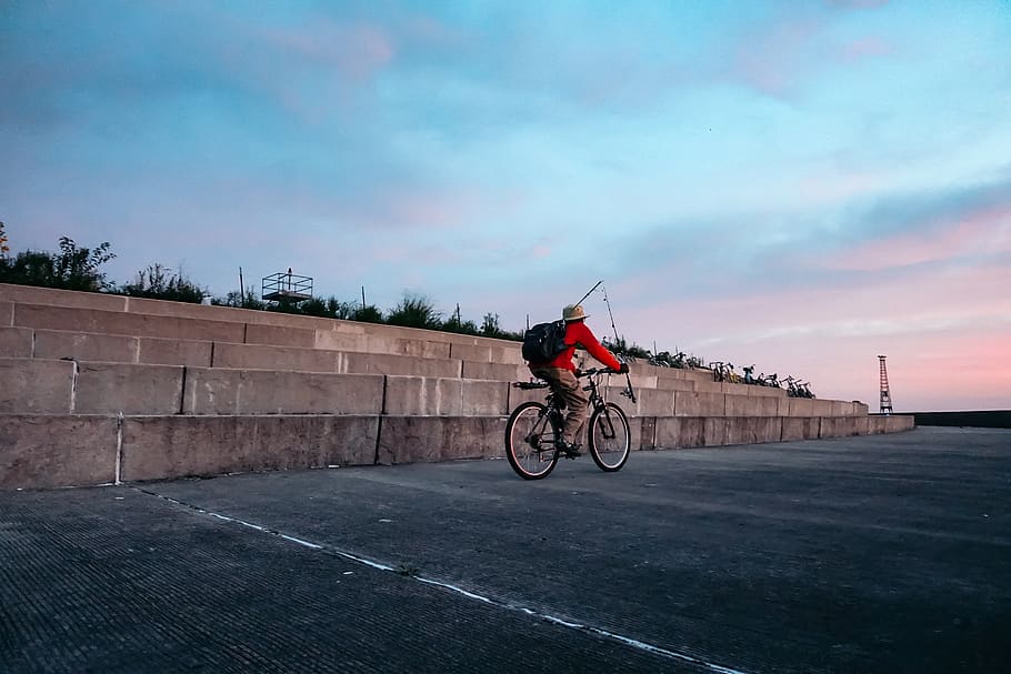 Man Riding on Bicycle, landscape, recreation, sunset, transportation system HD wallpaper