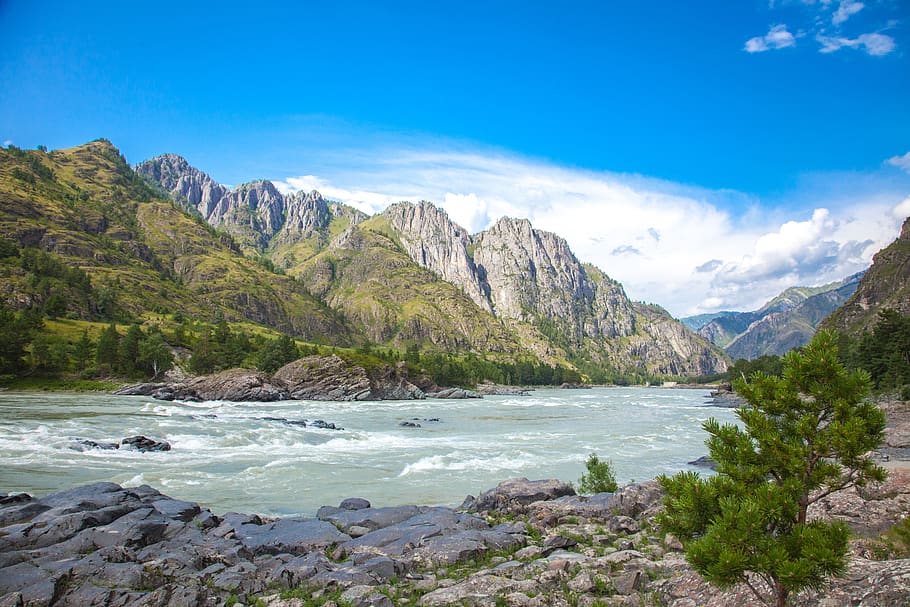 river, mountains, sky, relax, landscape, nature, summer, clouds HD wallpaper