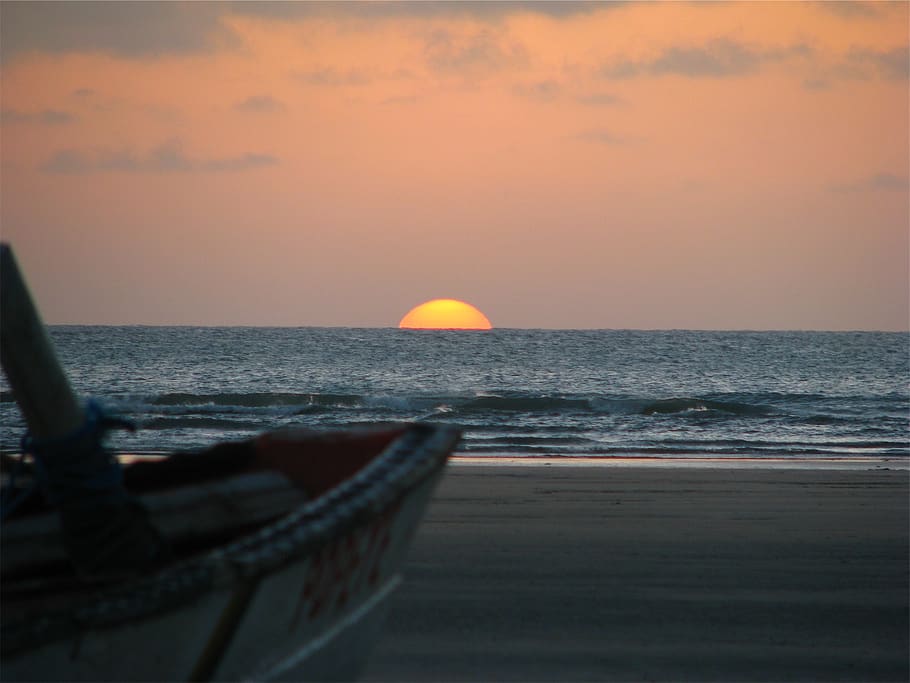 sunset, dusk, horizon, beach, sand, water, waves, ocean, sea HD wallpaper