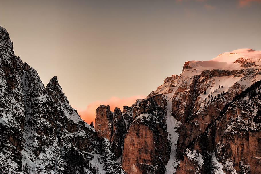 aerial photography of mountain, snow, orange, sky, nature, dolomite HD wallpaper