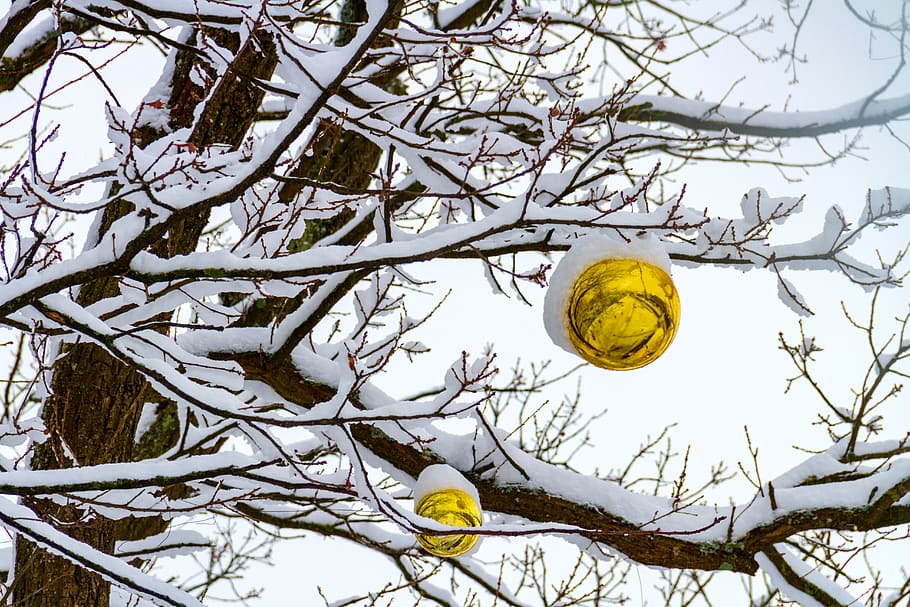 winter, snow, ball, yellow, tree, decoration, nature, cold HD wallpaper
