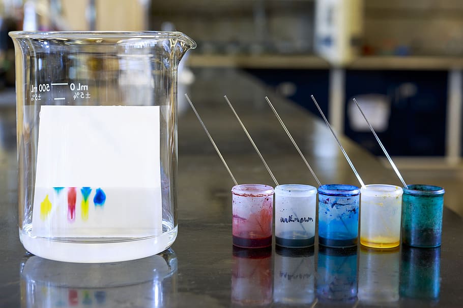 Chemistry of thin layer chromatography with plate, solvent and samples.