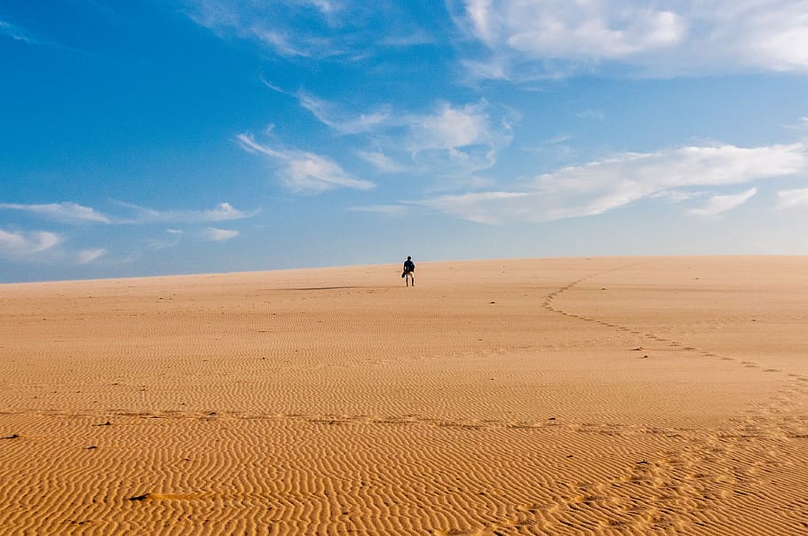 person standing on desert at daytime, outdoors, sand, dune, soil
