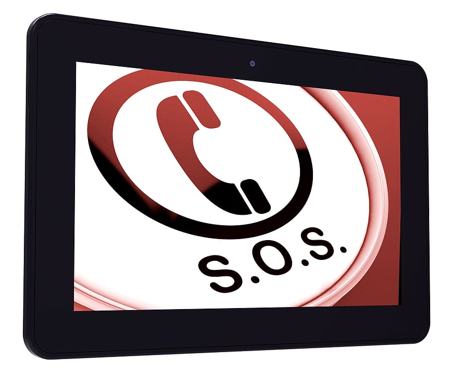 SOS Tablet Showing Call For Urgent Help, S.O.S., advice, answers