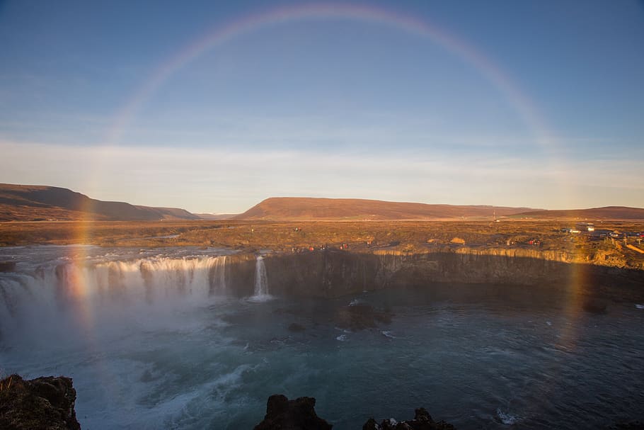 iceland, waterfall, full rainbow, sunrise, river, beauty in nature HD wallpaper