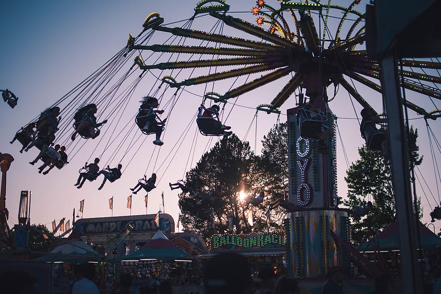 trees, fair, ride, sunset, people, sky, built structure, architecture HD wallpaper