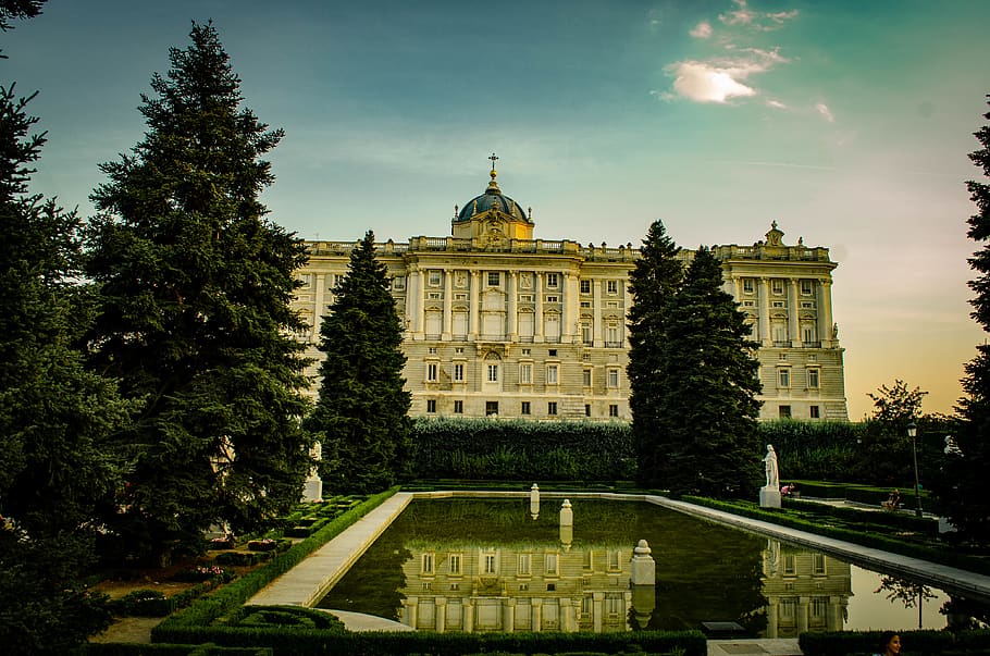 madrid, spain, royal, pond, trees, palace, garden, king, architecture, HD wallpaper