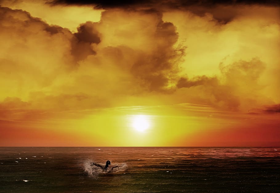 sunset, clouds, sky, landscape, mood, evening, dusk, orange HD wallpaper