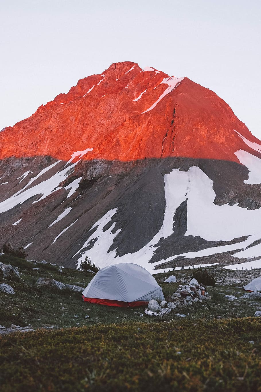 white and red camping tent near mountain, campsite, peak, snow, HD wallpaper