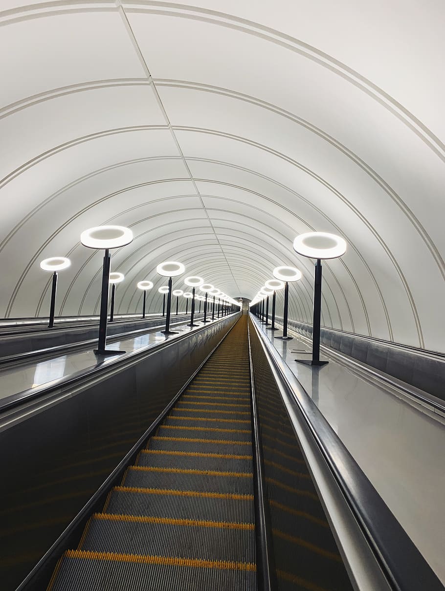 gray escalator, architecture, transportation, the way forward HD wallpaper