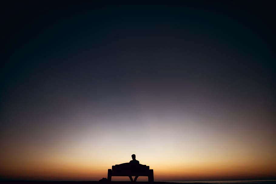 bench, dark, dawn, dusk, evening, landscape, man, outdoors HD wallpaper