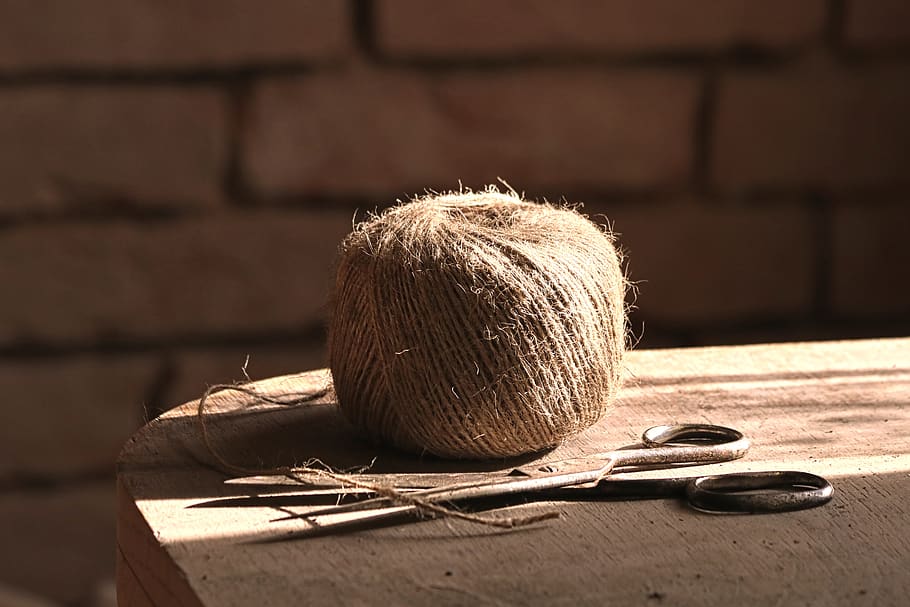 twine, string, ball, jute, rope, scissors, wood - material HD wallpaper